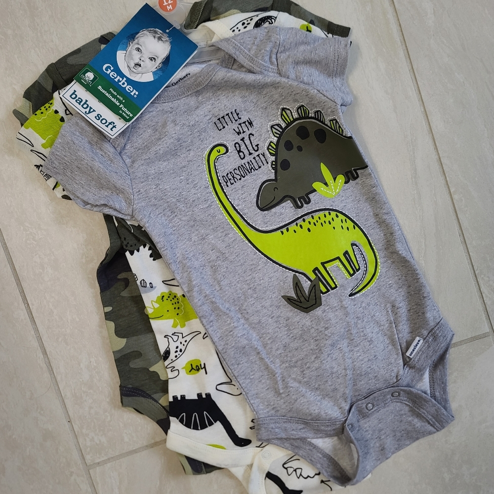 NWT Gerber 3 pc Dino Onesies, 12 M